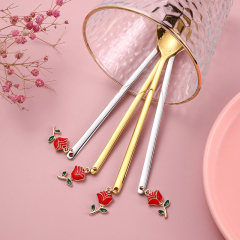创意情人节餐具大玫瑰花吊坠咖啡勺水果叉礼盒套装304不锈钢勺子