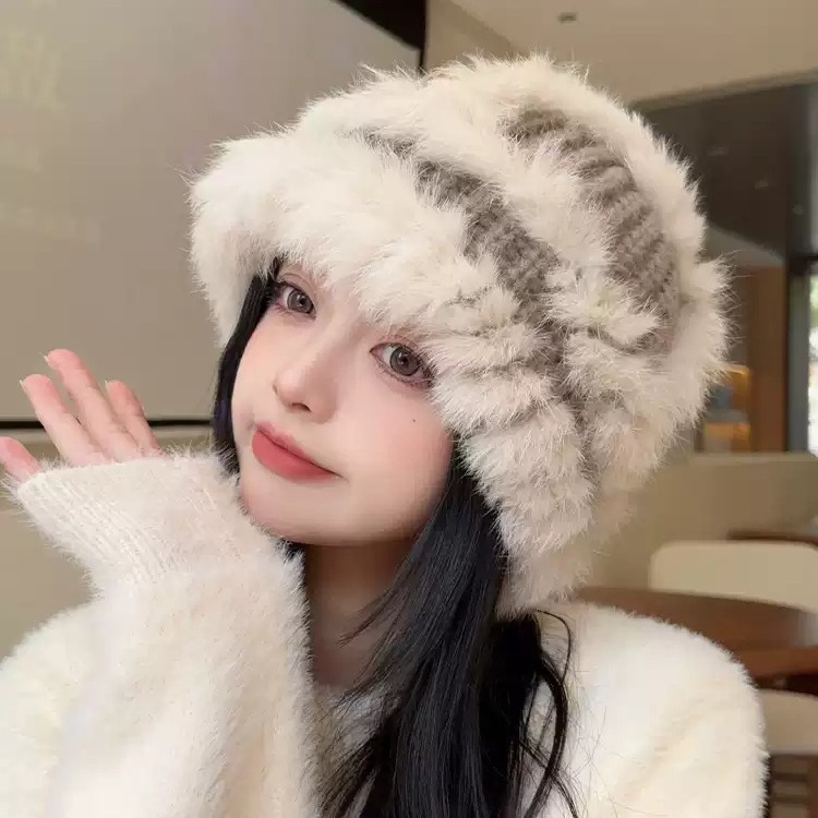 兔毛帽子女秋冬加厚针织帽显脸小渔夫大头围毛线帽子毛绒醒狮帽子