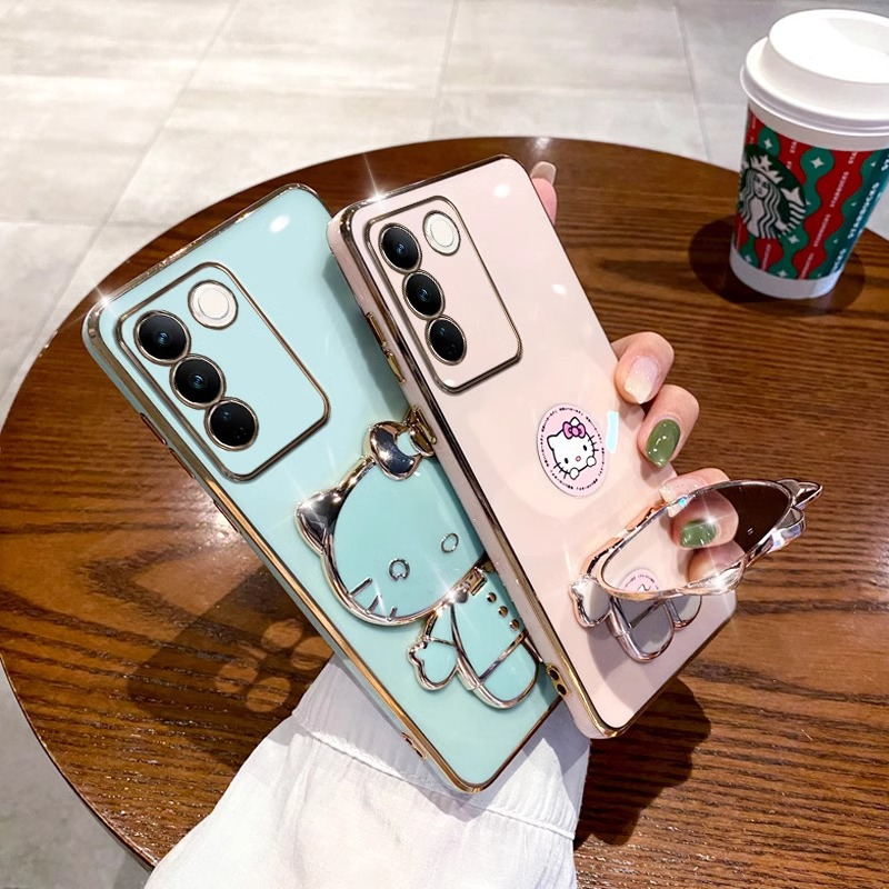 适用vivoS17手机壳电镀猫咪支架补妆镜S16Pro硅胶软壳保护套批发