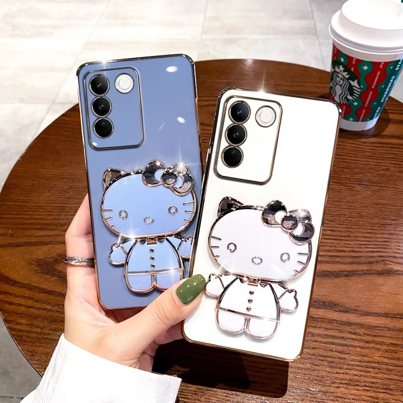 适用vivoS17手机壳电镀猫咪支架补妆镜S16Pro硅胶软壳保护套批发