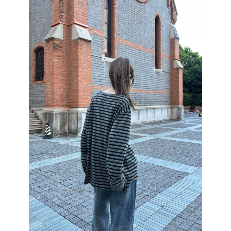 GAGD 圆领撞色灰条纹宽松慵懒风长袖T恤女秋季新款打底衫上衣