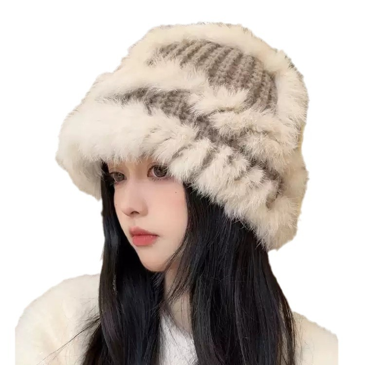 兔毛帽子女秋冬加厚针织帽显脸小渔夫大头围毛线帽子毛绒醒狮帽子
