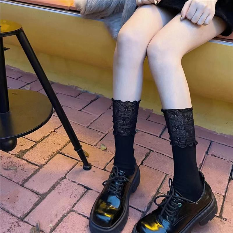 袜子女过膝蕾丝袜长筒靴半截纯黑白小腿女袜小红书春秋抖音袜小腿