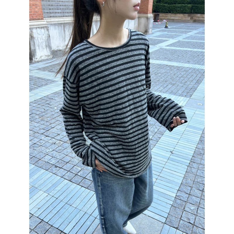 GAGD 圆领撞色灰条纹宽松慵懒风长袖T恤女秋季新款打底衫上衣
