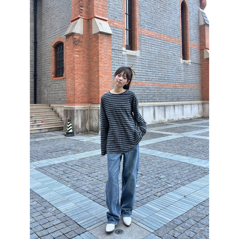 GAGD 圆领撞色灰条纹宽松慵懒风长袖T恤女秋季新款打底衫上衣