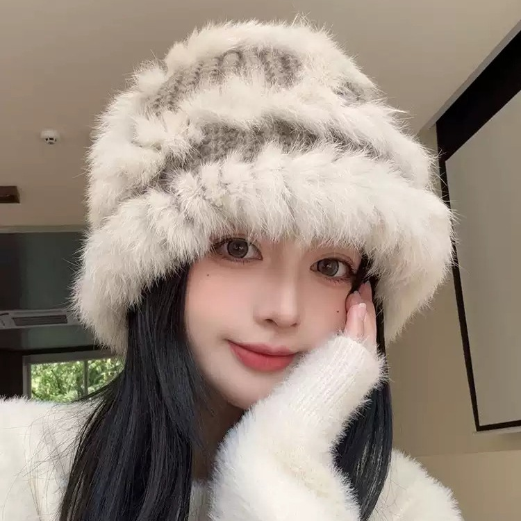 兔毛帽子女秋冬加厚针织帽显脸小渔夫大头围毛线帽子毛绒醒狮帽子
