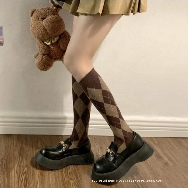 复古咖啡色长筒及膝袜菱格小腿女袜学院风ins潮袜cosplay