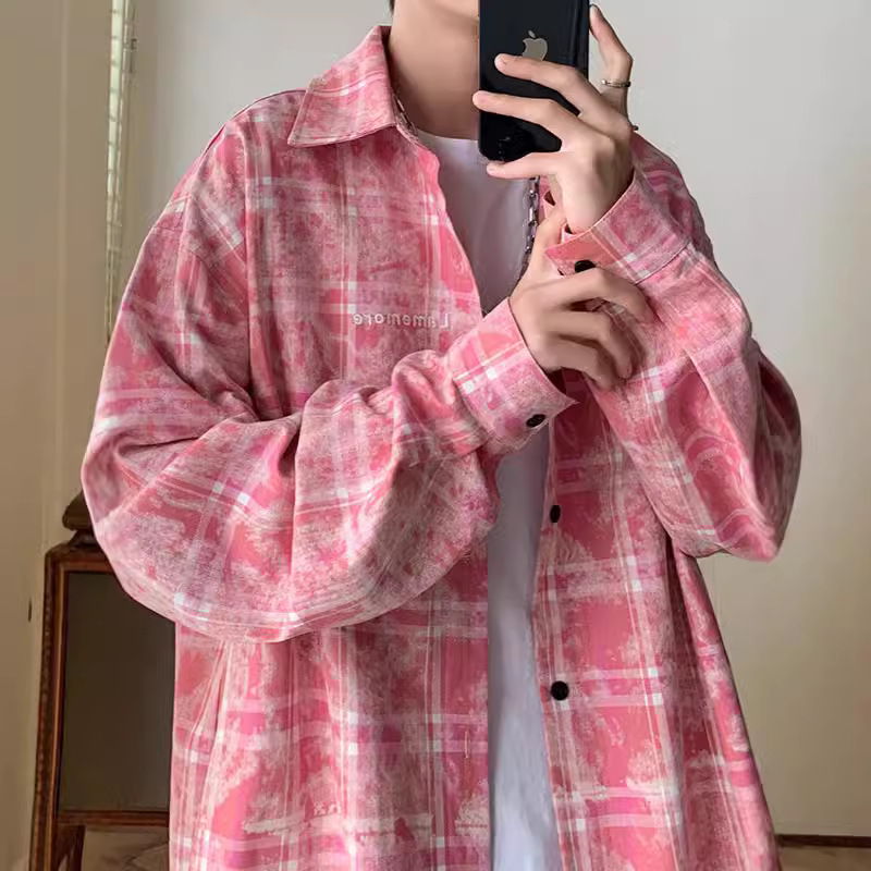 美式格子长袖衬衫男士2024春秋季日系cityboy小众扎染设计感外套