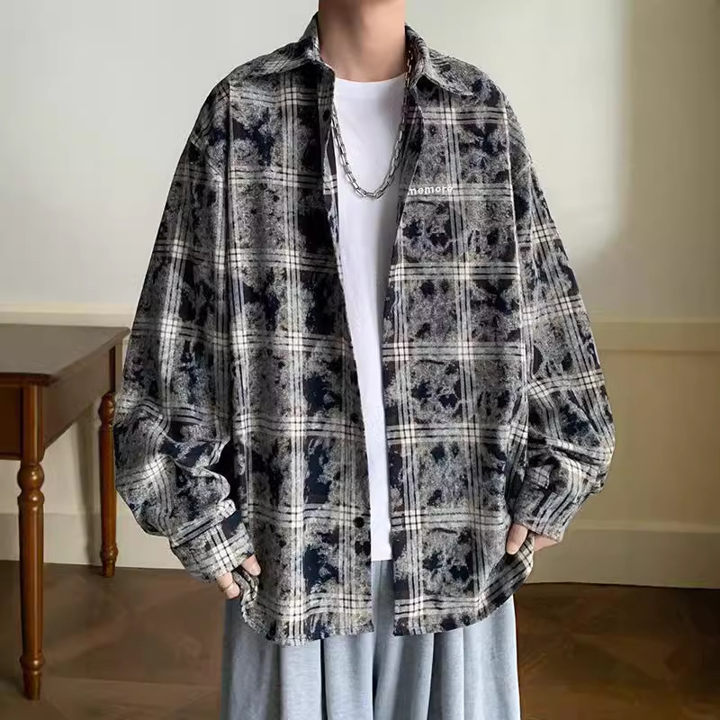 美式格子长袖衬衫男士2024春秋季日系cityboy小众扎染设计感外套