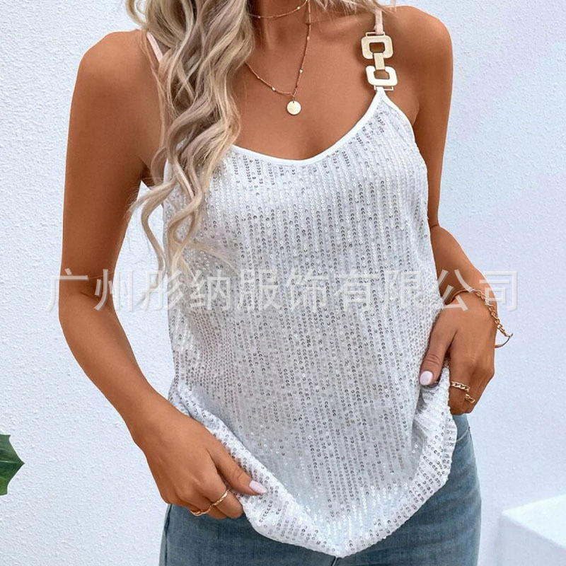 欧美跨境新款亮片吊带背心女性感打底衫外穿上衣宴会年会西装内搭