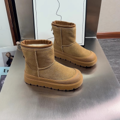 短靴女牛翻皮加绒保暖雪地靴2024冬新款松糕跟厚底休闲毛毛靴子