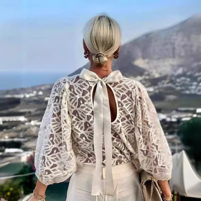 现货外贸女装欧美跨境女士时尚露背名媛长袖圆领白色蕾丝上衣
