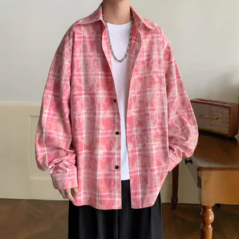 美式格子长袖衬衫男士2024春秋季日系cityboy小众扎染设计感外套
