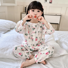 新款纯棉双层棉纱薄款洋气七分袖兔子小花睡衣女童休闲家居服套装