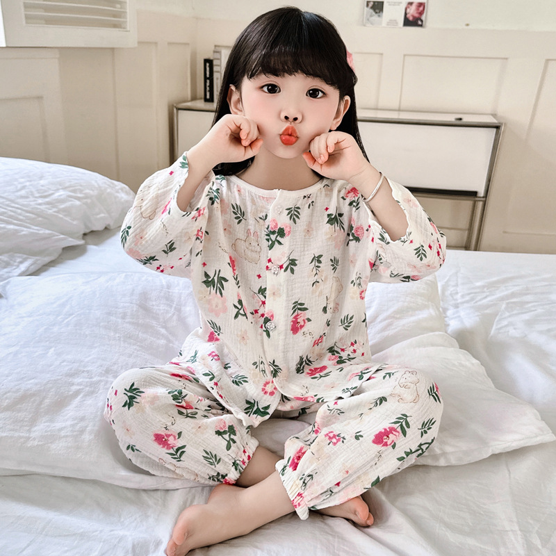 新款纯棉双层棉纱薄款洋气七分袖兔子小花睡衣女童休闲家居服套装