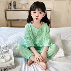新款纯棉双层棉纱薄款洋气七分袖兔子小花睡衣女童休闲家居服套装