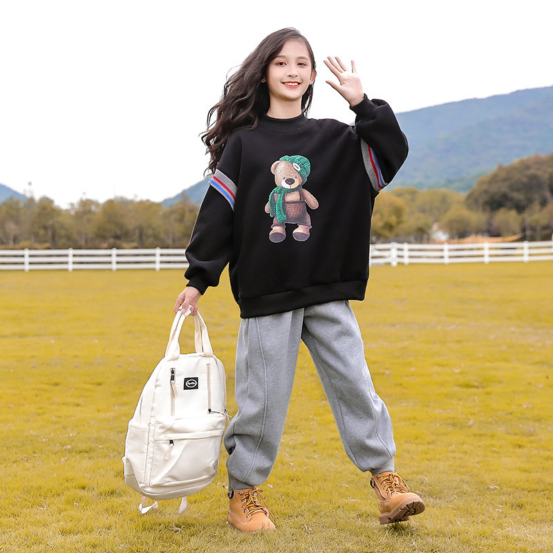 女童长袖卫衣春装2024新款女孩秋冬季上衣儿童宽松加绒百搭衣服潮