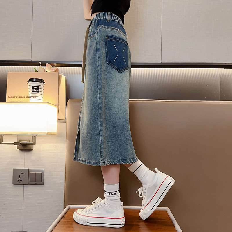 2024春秋新款女童牛仔半身裙中大童长裙儿童洋气开叉裙子童装潮