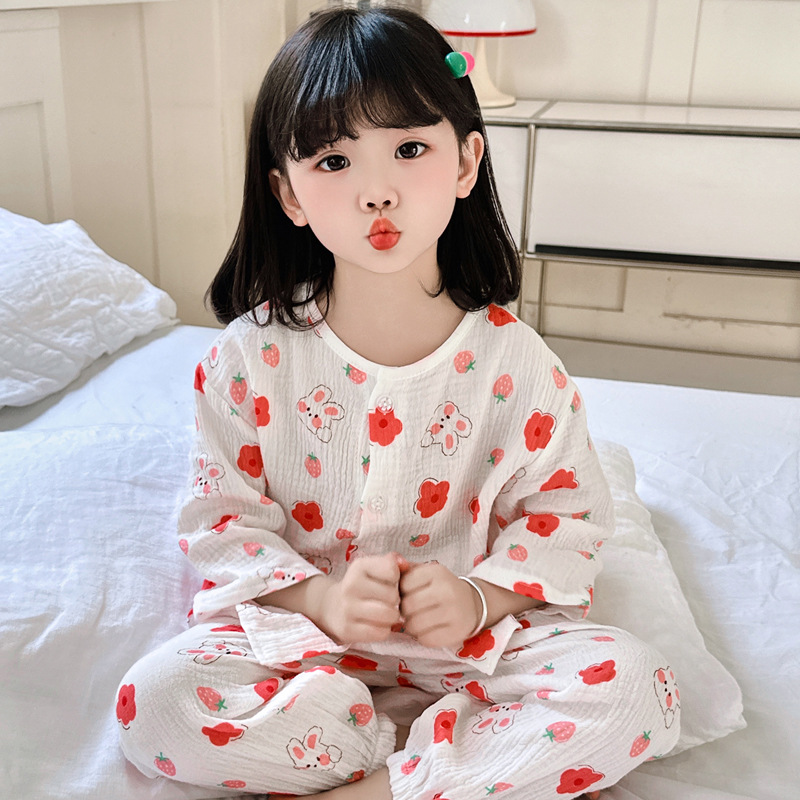 新款纯棉双层棉纱薄款洋气七分袖兔子小花睡衣女童休闲家居服套装