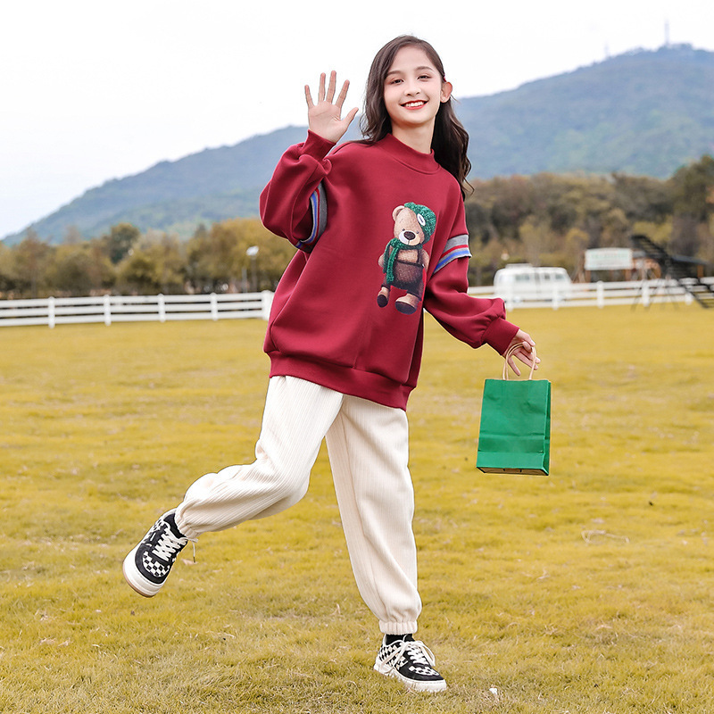女童长袖卫衣春装2024新款女孩秋冬季上衣儿童宽松加绒百搭衣服潮
