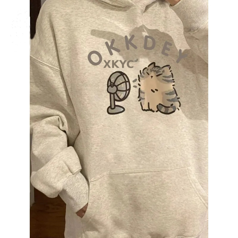 卫衣女美式上衣oversize连帽秋冬白灰色慵懒风宽松情侣外套