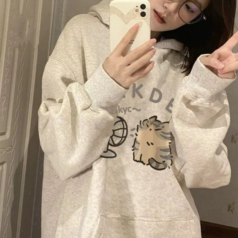 卫衣女美式上衣oversize连帽秋冬白灰色慵懒风宽松情侣外套