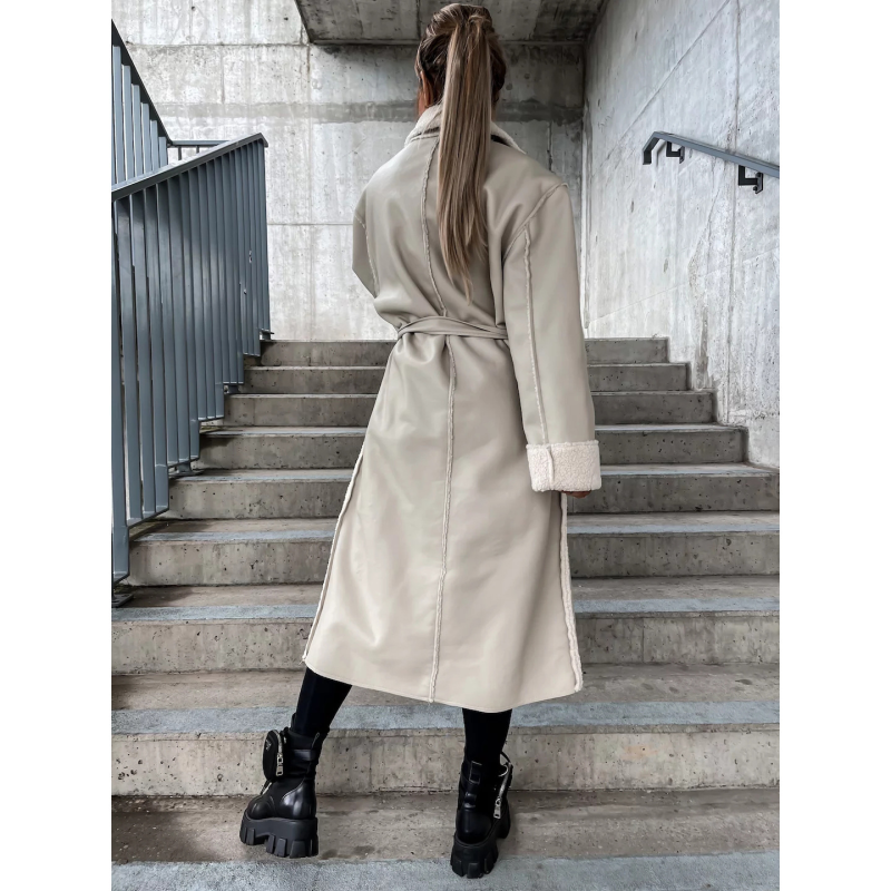 亚马逊跨境外贸2023欧美秋冬女士休闲皮料加厚风衣宽松时尚外套女