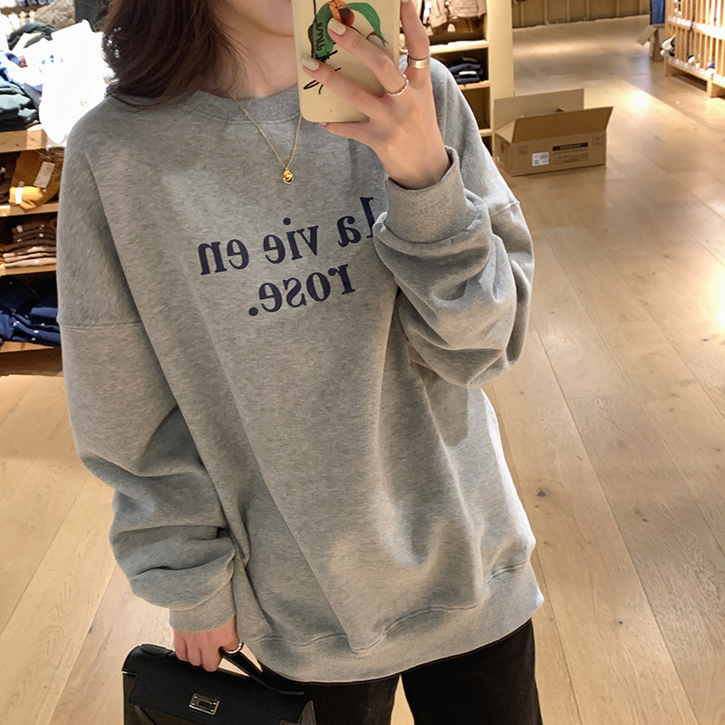2024秋季新款长袖上衣圆领套头无帽oversize灰色卫衣外套女春秋款