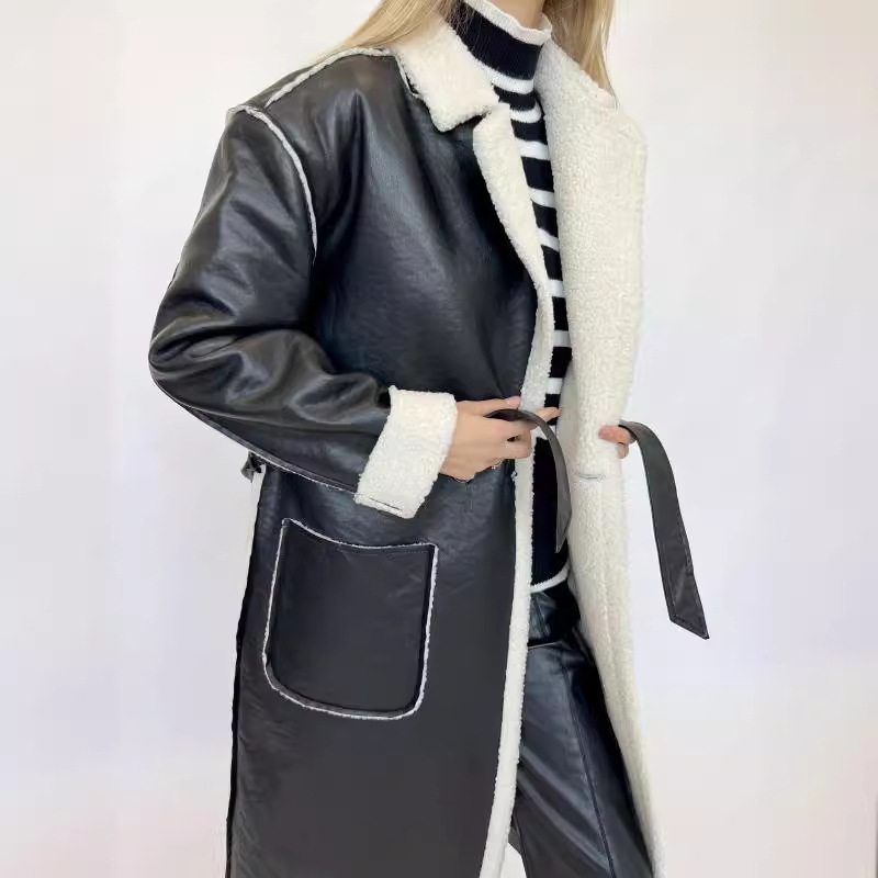 亚马逊跨境外贸2023欧美秋冬女士休闲皮料加厚风衣宽松时尚外套女