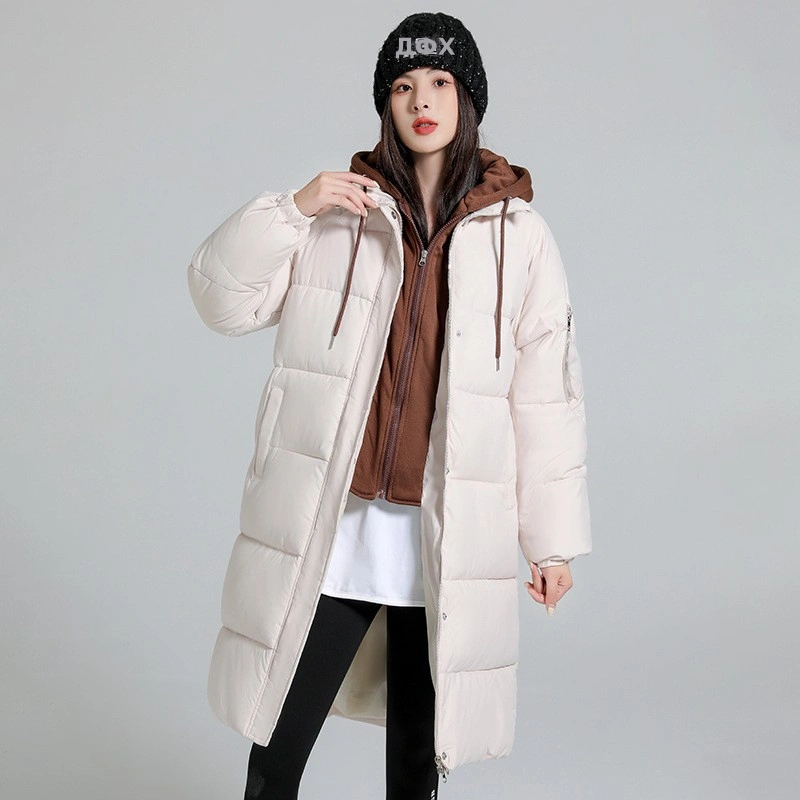 2024秋冬新款假两件休闲棉服女中长款冬季过膝连帽面包服棉衣外套