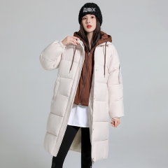 2024秋冬新款假两件休闲棉服女中长款冬季过膝连帽面包服棉衣外套