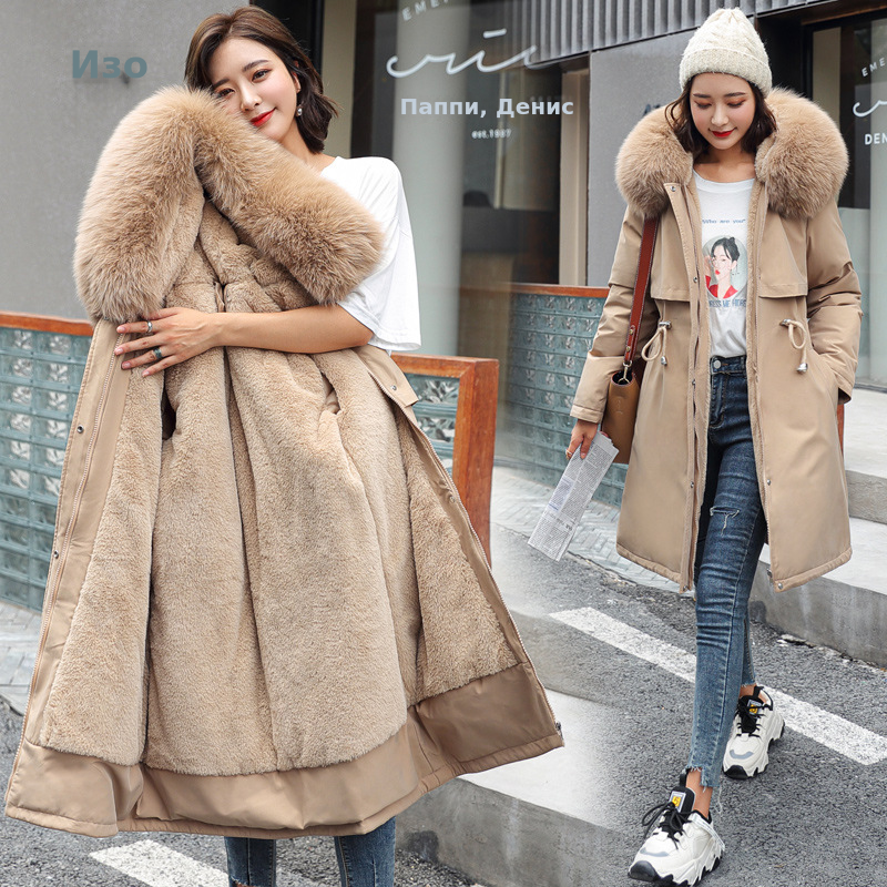 新款派克服加绒加厚羽绒棉服女中长款韩版秋冬季收腰连帽棉衣棉袄