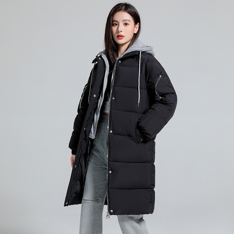 2024秋冬新款假两件休闲棉服女中长款冬季过膝连帽面包服棉衣外套