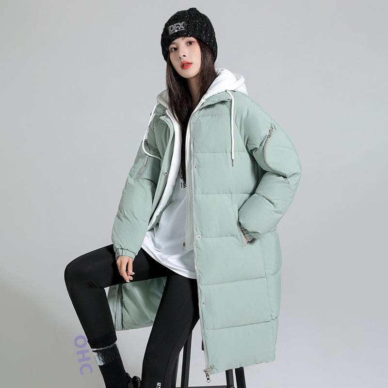 2024秋冬新款假两件休闲棉服女中长款冬季过膝连帽面包服棉衣外套