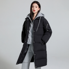 2024秋冬新款假两件休闲棉服女中长款冬季过膝连帽面包服棉衣外套