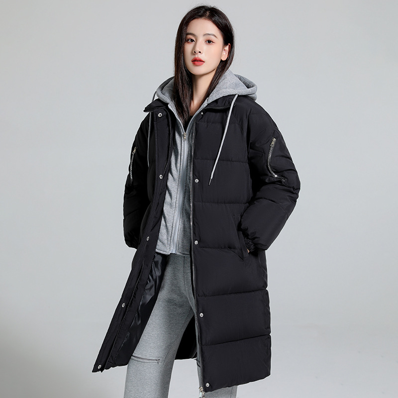 2024秋冬新款假两件休闲棉服女中长款冬季过膝连帽面包服棉衣外套