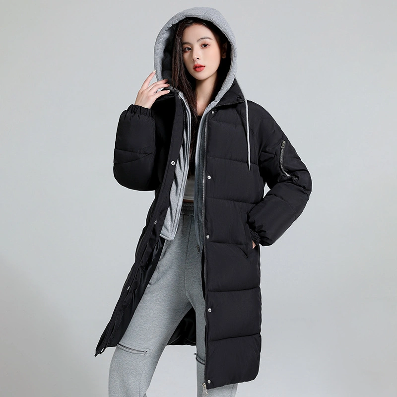 2024秋冬新款假两件休闲棉服女中长款冬季过膝连帽面包服棉衣外套