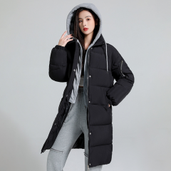 2024秋冬新款假两件休闲棉服女中长款冬季过膝连帽面包服棉衣外套