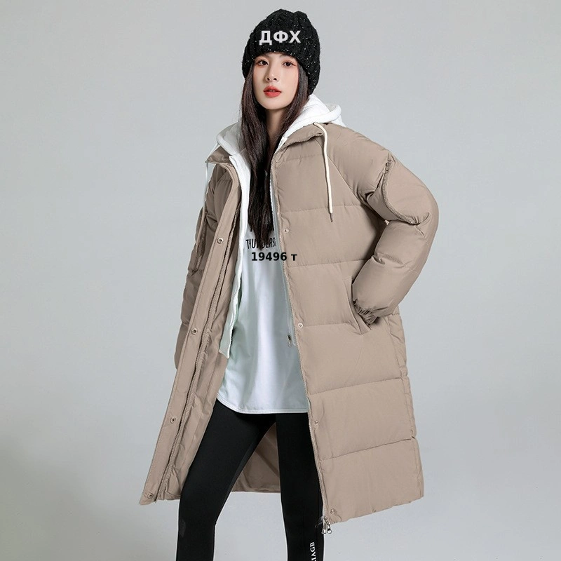 2024秋冬新款假两件休闲棉服女中长款冬季过膝连帽面包服棉衣外套