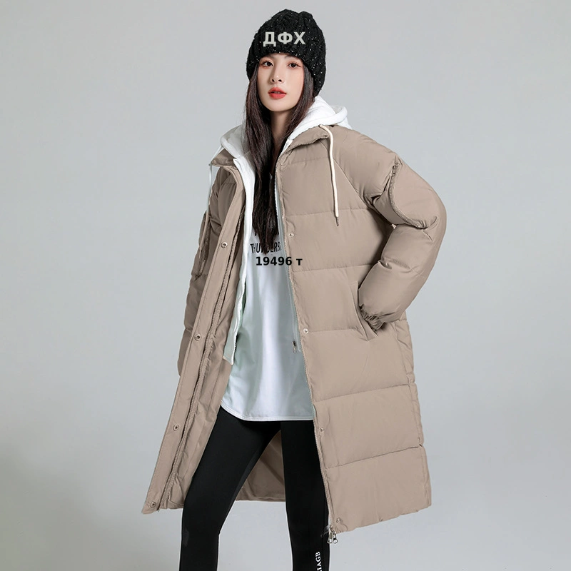 2024秋冬新款假两件休闲棉服女中长款冬季过膝连帽面包服棉衣外套