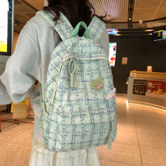 新款小众设计学生书包韩版时尚条绒格纹双肩包大容量旅行背包批发
