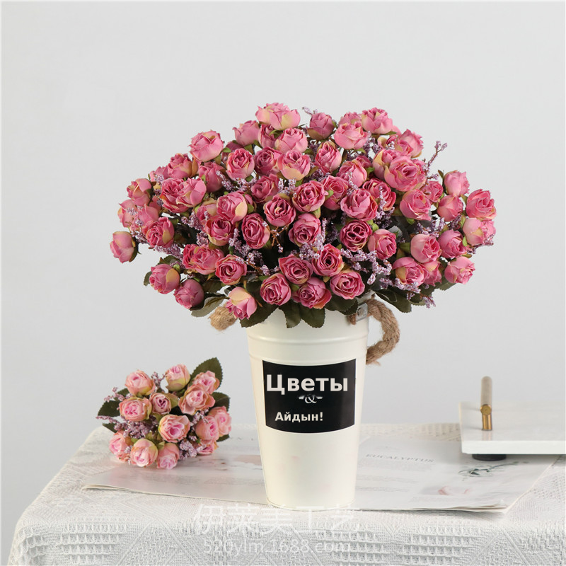 仿真15花绒布玫瑰插花客厅装饰餐桌摆件玫瑰花束婚庆花