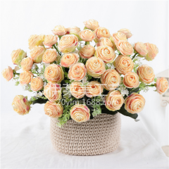 仿真玫瑰花束山茶花 手捧花欧式客厅办公桌装饰摆件假花绢花插花