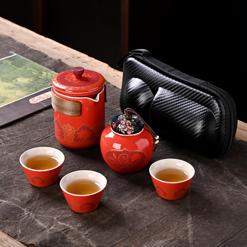 陶瓷古韵旅行茶具快客杯套装定制泡茶便携式车载一壶三杯商务礼品