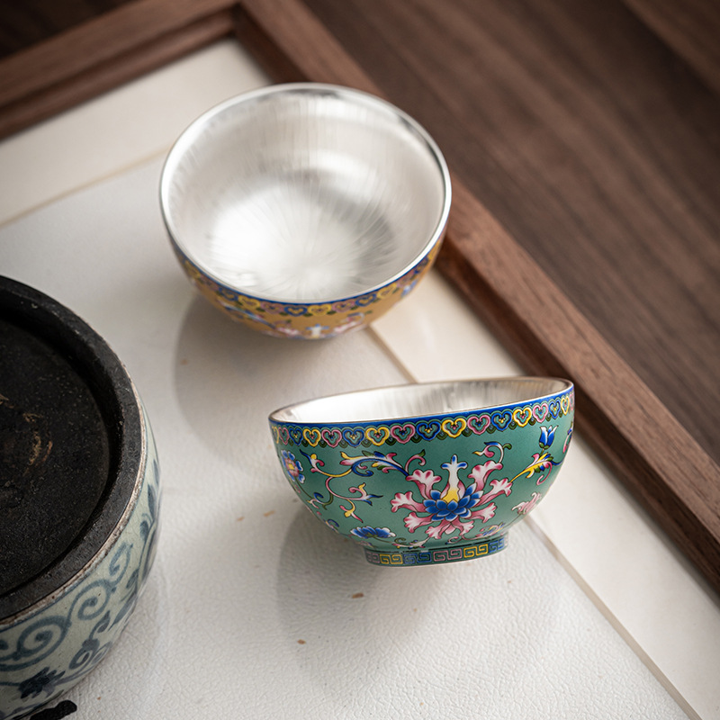 银茶杯主人杯珐琅彩999鎏银茶杯陶瓷品茗杯功夫茶杯茶盏品茗茶碗