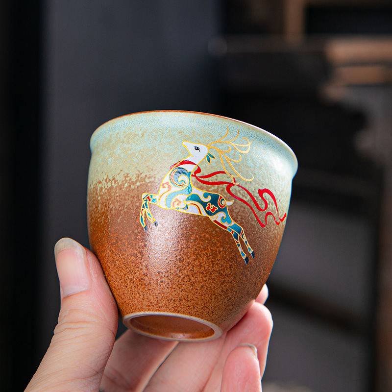 陶瓷功夫茶具茶杯窑变杯大号柴烧主人杯品茗杯复古茶盏茶杯粗陶杯