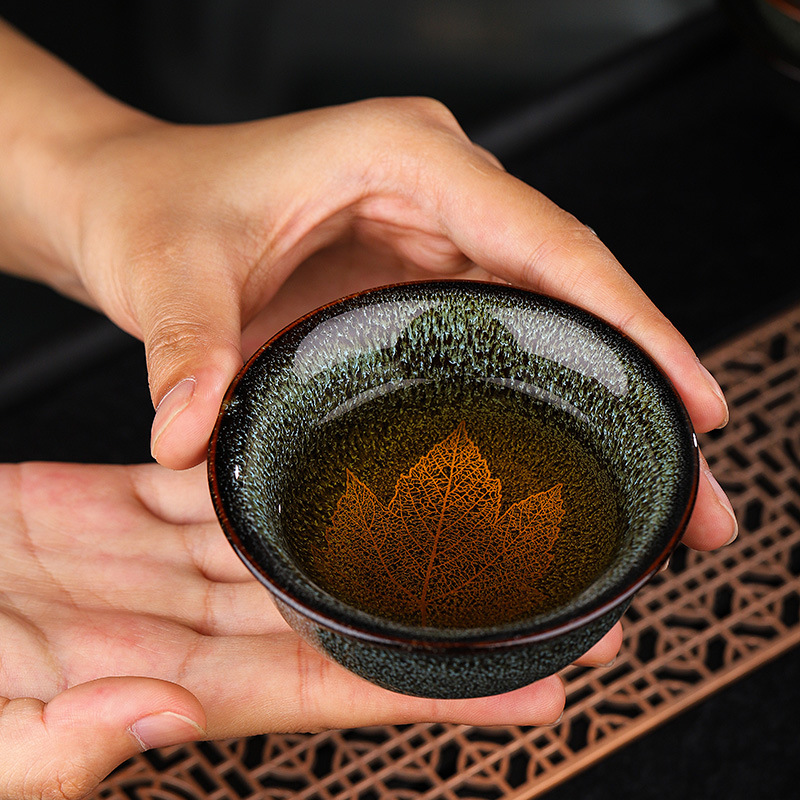 窑变茶杯曜变盏功夫茶具禅意金叶天目盏创意建盏主人杯陶瓷品茗杯