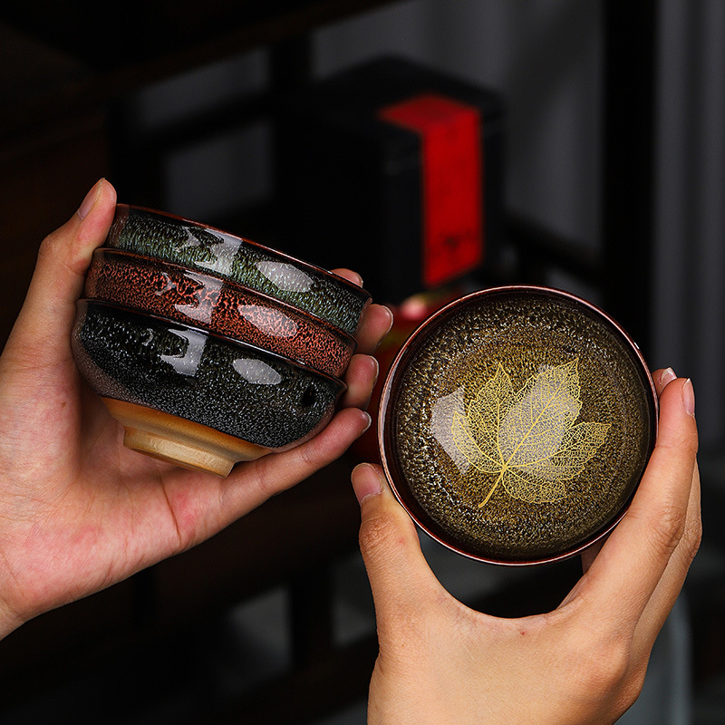 窑变茶杯曜变盏功夫茶具禅意金叶天目盏创意建盏主人杯陶瓷品茗杯