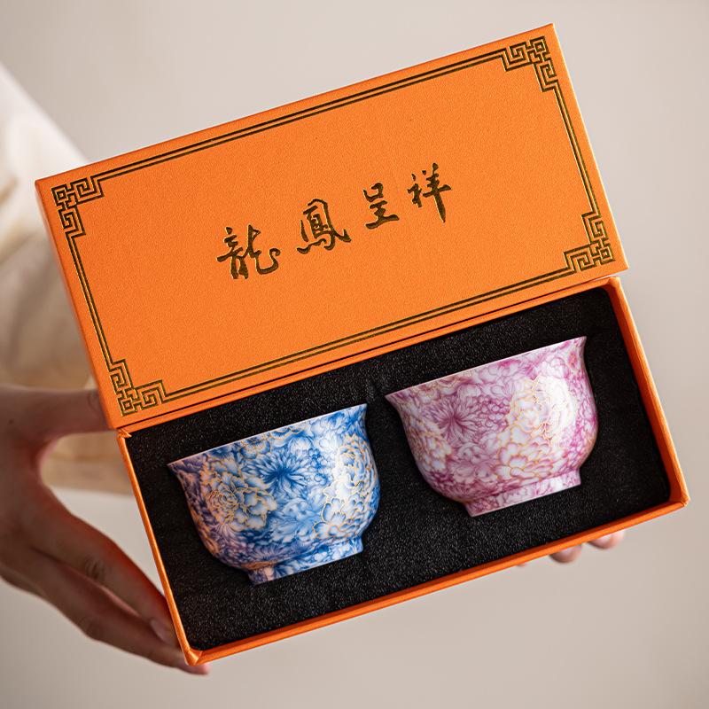 珐琅彩陶瓷茶杯家用大号单杯品茗杯茶盏宫廷风万花茶盏礼盒装批发
