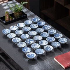 日式青花斗笠杯厂家直销德化白瓷小号品茗杯高脚茶碗复古风山水杯